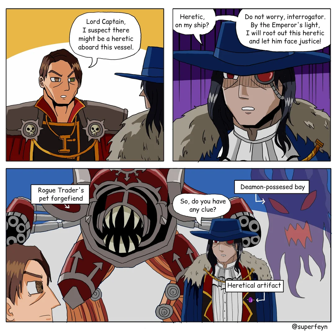 A character in a blue hat and fur-lined cloak identifies a likely heretic aboard a vessel, while a menacing demon-like creature with sharp teeth and a red armor