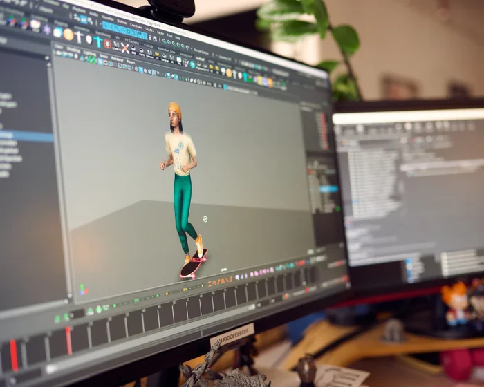 A person is working on 3D animation software, creating a digital character of a woman with blonde hair, casual clothing, and a skateboard, likely for a project 